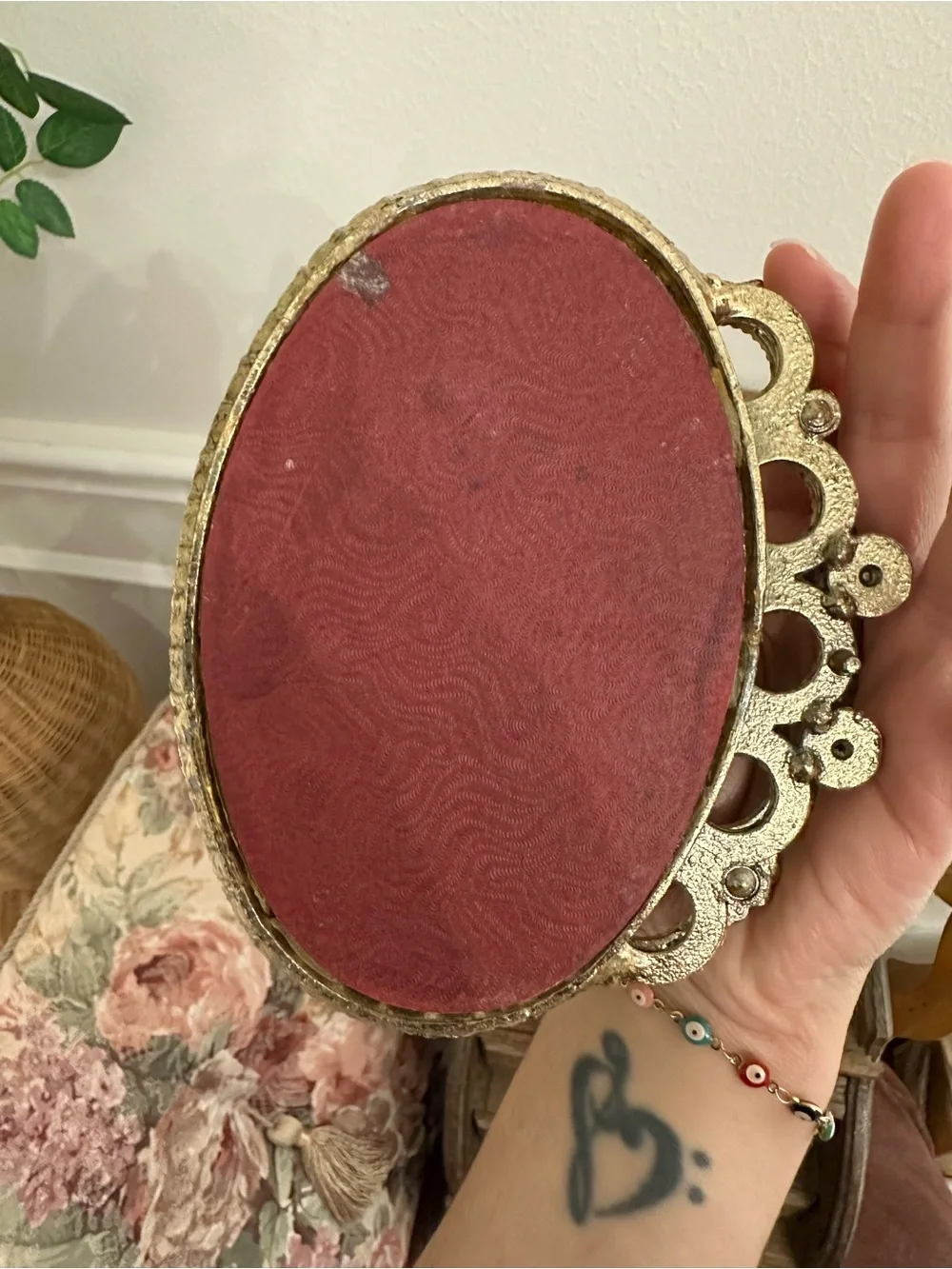 Gold Beaded Vanity Mirror Tray - Decorative Jewelry Organizer